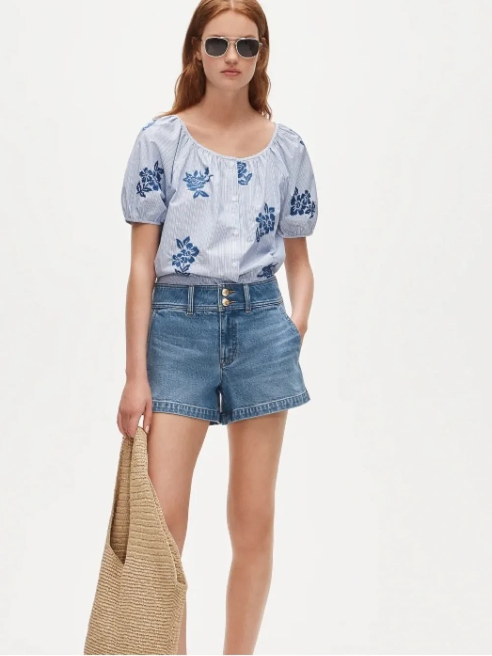 J crew Puff-sleeve button-up top in embroidered floral stripe